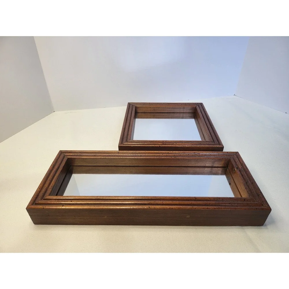 Vintage Wood Shadow Box Mirror Set 2 Piece Speckled Walnut Finish Wall Decor